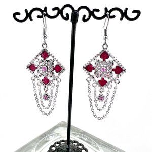 NWOT - Pink Jeweled and Enameled Ornate Art Deco Silver Tone Dangle Earrings